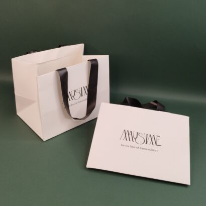 Custom printed paper carry bags with ribbon handles